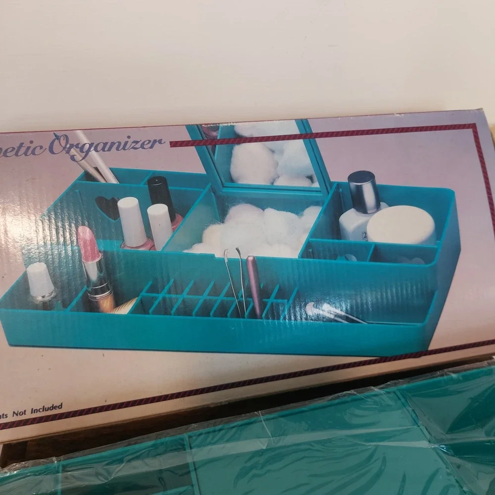 Vintage Kmart Teal Blue Cosmetic Organizer Mirror Heart Cutouts 90s Vanity Tray